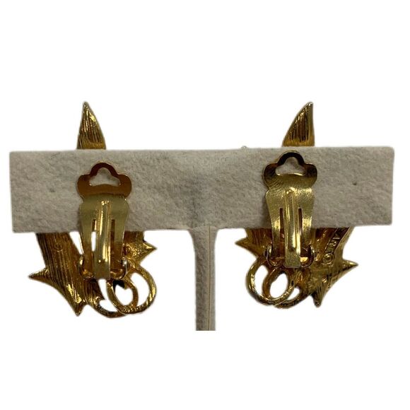 Vintage Mode Art Clip Earrings Leaf Black Enamel Signed Retro 1970s Old Money - Picture 3 of 4